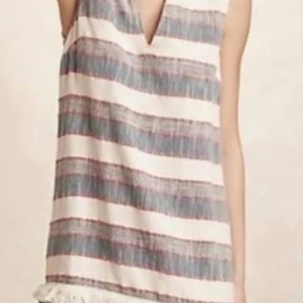 Anthropologie Striped V-Neck Sleeveless Shift Dress in White and Blue-Grey